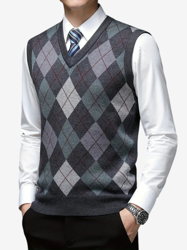 ArgyleVest – Sleeveless V-Neck Knit Pullover with Geometric Argyle Pattern
