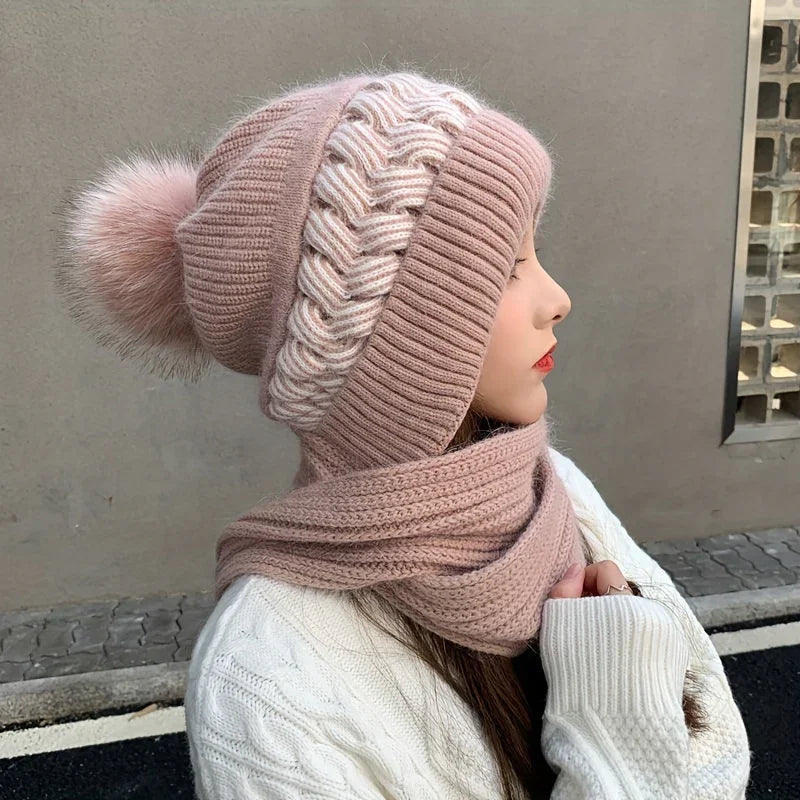 WinterLoom – Pletená čiapka s integrovaným šálom a mäkkou flísovou podšívkou