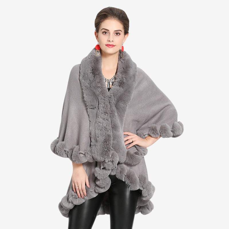 Goldie - Poncho con scollo a V e collo in pelliccia