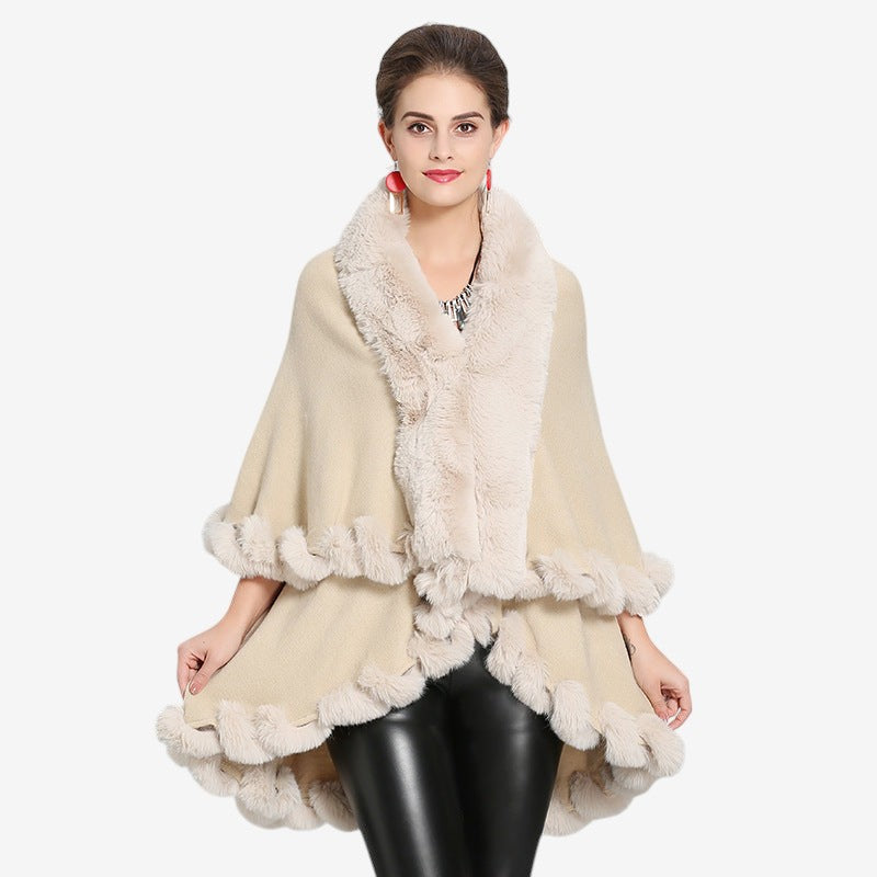 Goldie - Poncho con scollo a V e collo in pelliccia