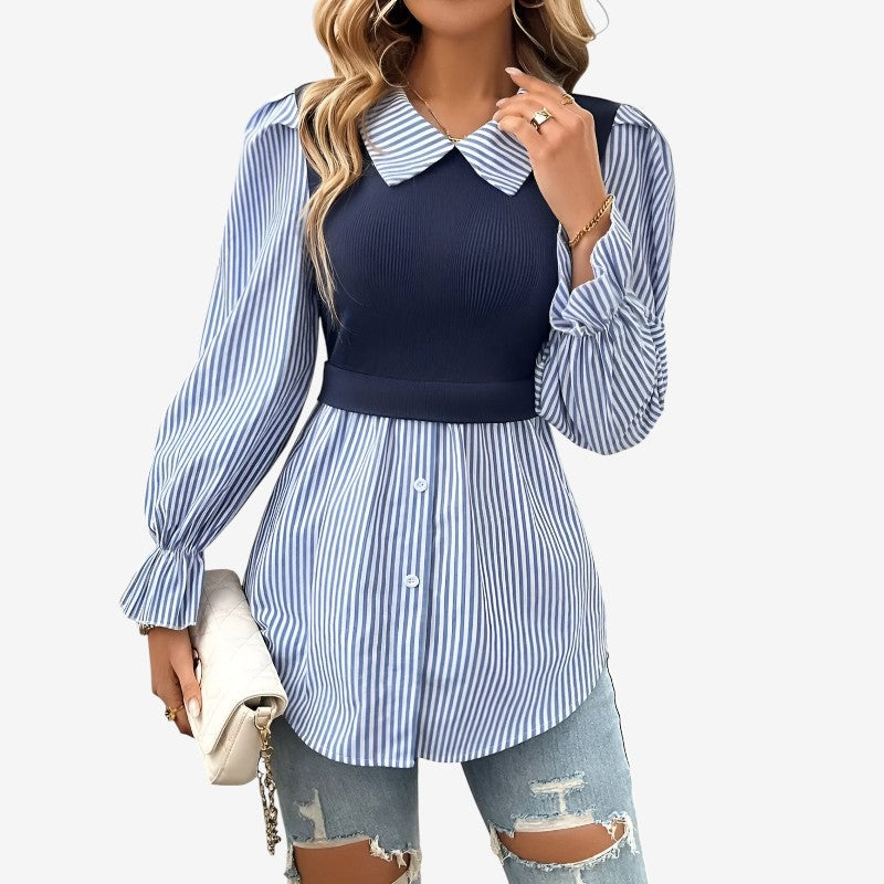 Wilma – Blouse à manches longues, col à revers, fermeture à boutons et motif rayé