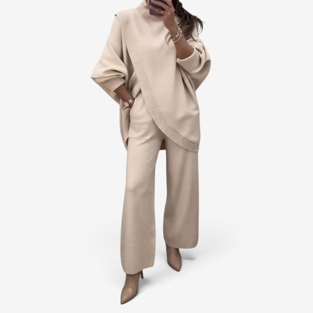 Flowtique - Conjunto de 2 peças para mulher com top assimétrico e calças de perna larga