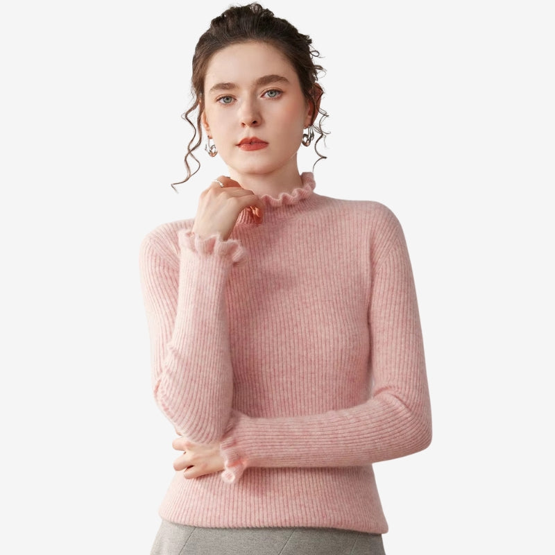 Rosalie - Dopasowany sweter z falbanami na rękawach i wzorem w paski