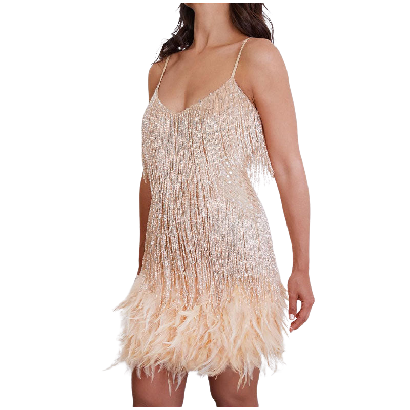 Anna – Rochie de cocktail albă elegantă cu franjuri și finisaj cu pene