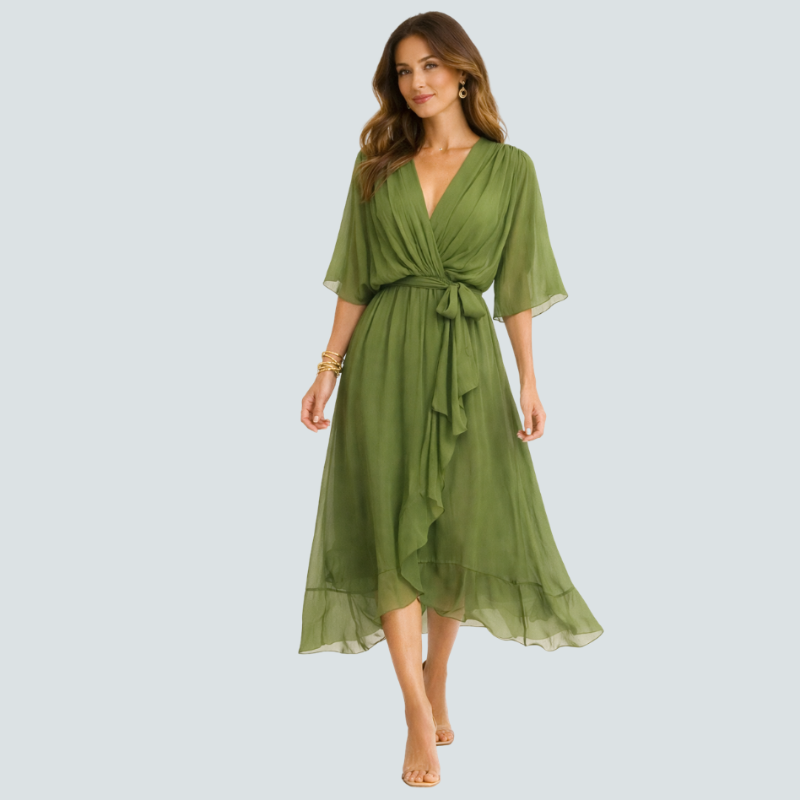 Women’s Midi Dress with V-Neck and Batwing Sleeve Design
