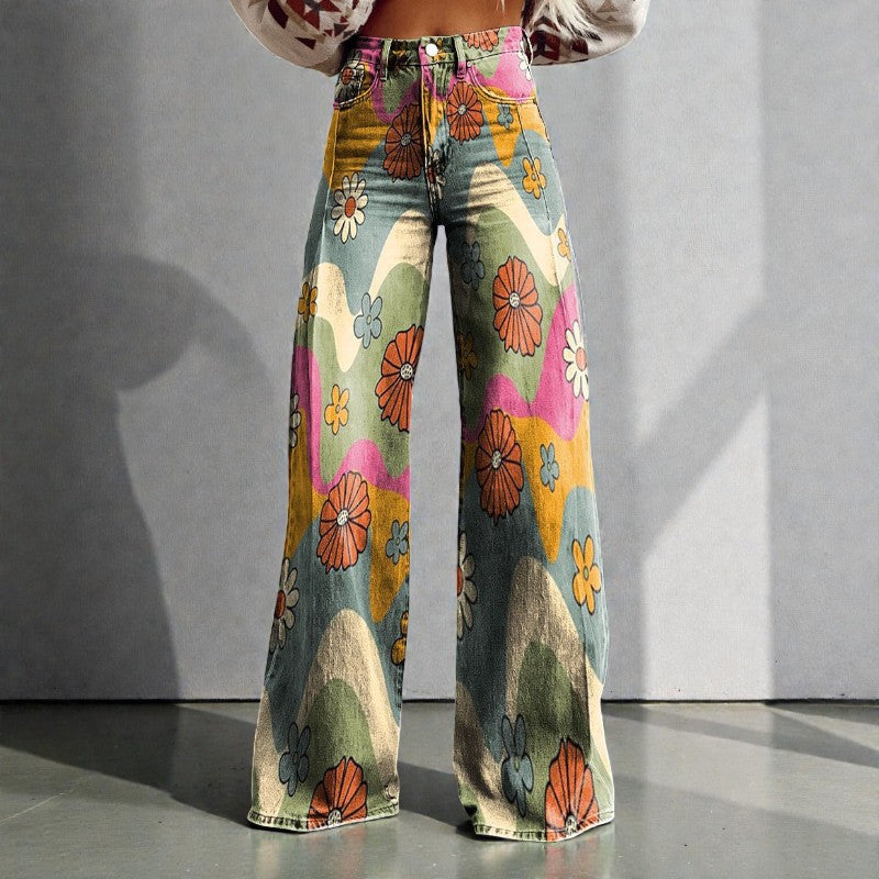 Floral Wide-Leg Denim Pants