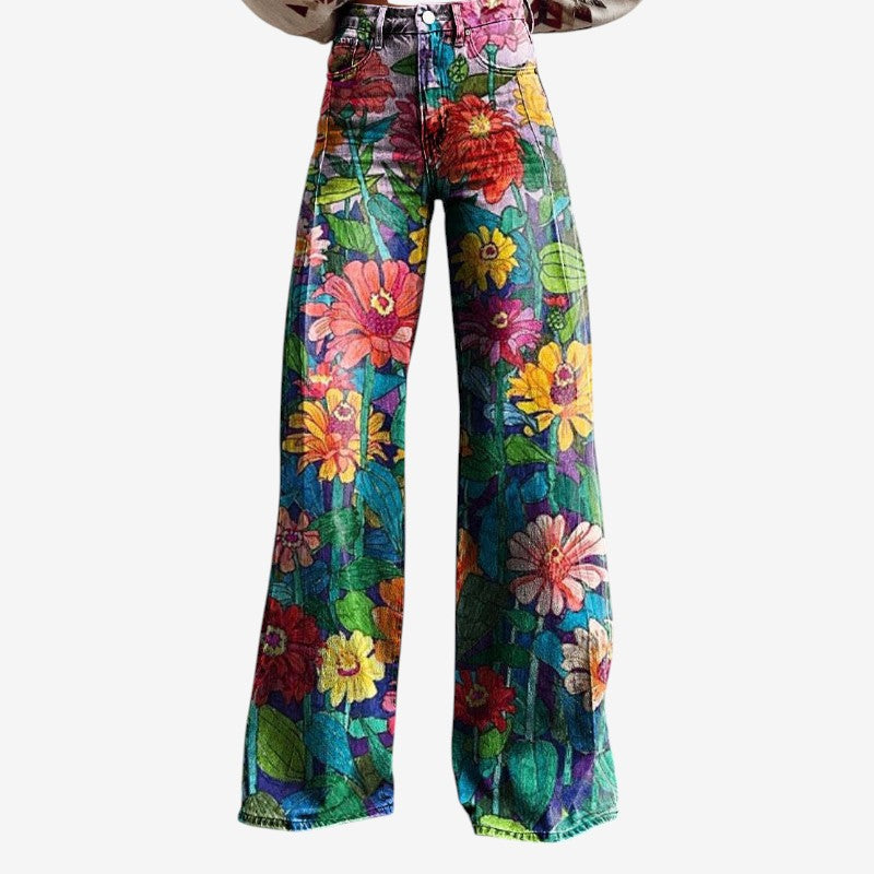 Floral Wide-Leg Denim Pants