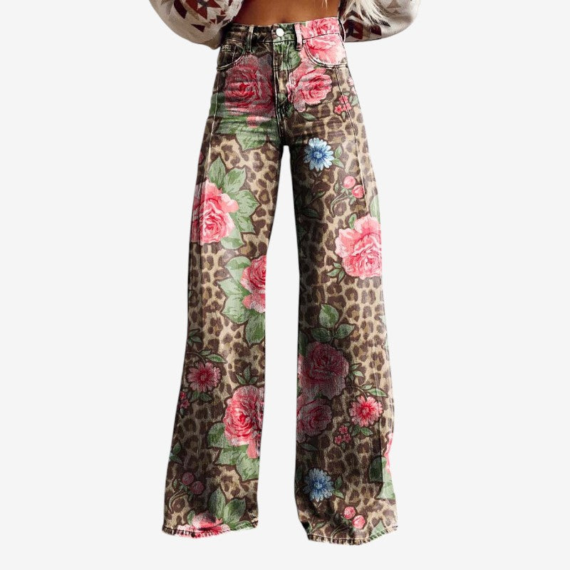 Floral Wide-Leg Denim Pants