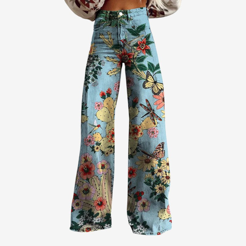 Floral Wide-Leg Denim Pants