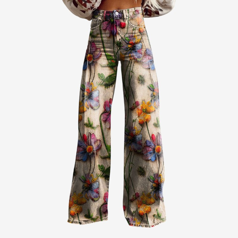 Floral Wide-Leg Denim Pants