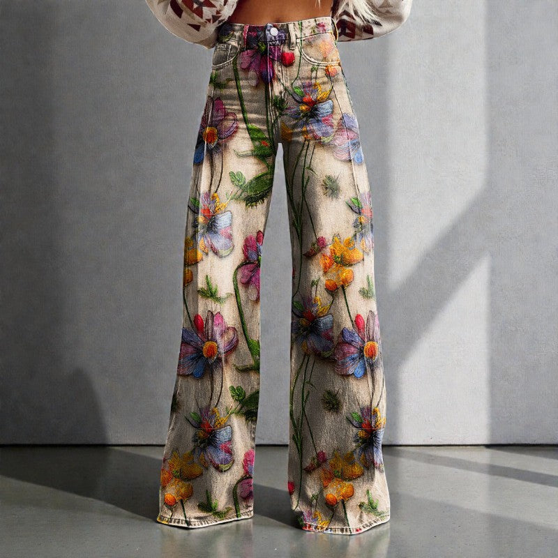 Floral Wide-Leg Denim Pants