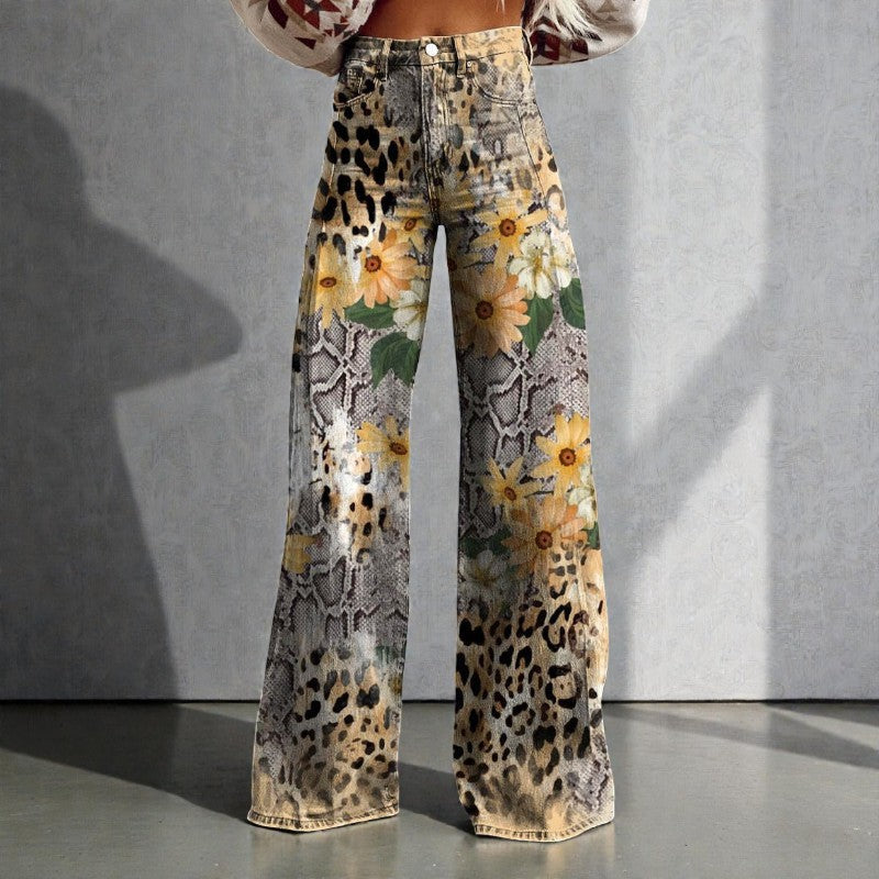 Floral Wide-Leg Denim Pants