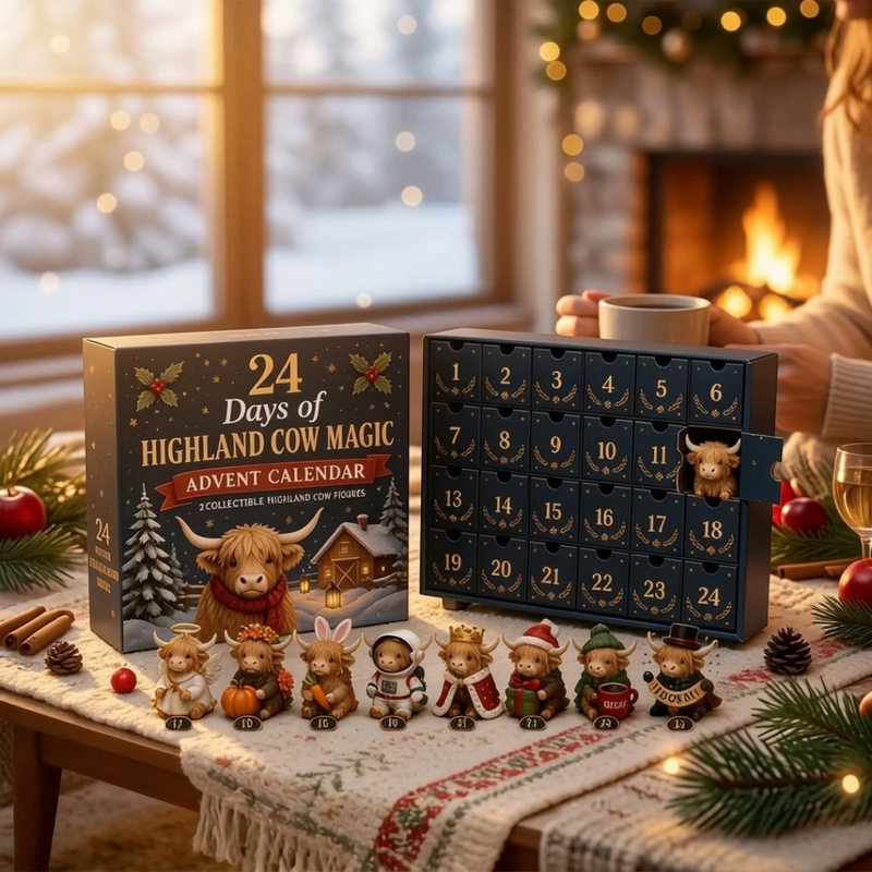 Adventní kalendář s krávou Highland Cowmerry – 24 akrylových ozdob