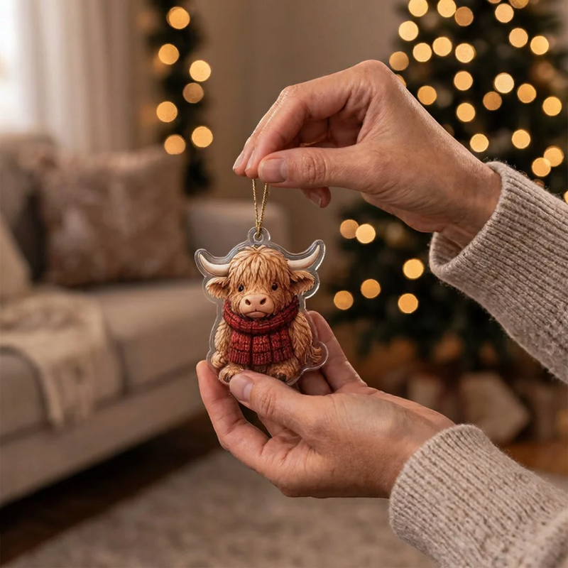 Adventní kalendář s krávou Highland Cowmerry – 24 akrylových ozdob