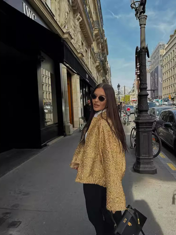 Sarah - Ležérní bomber bunda se zlatými flitry