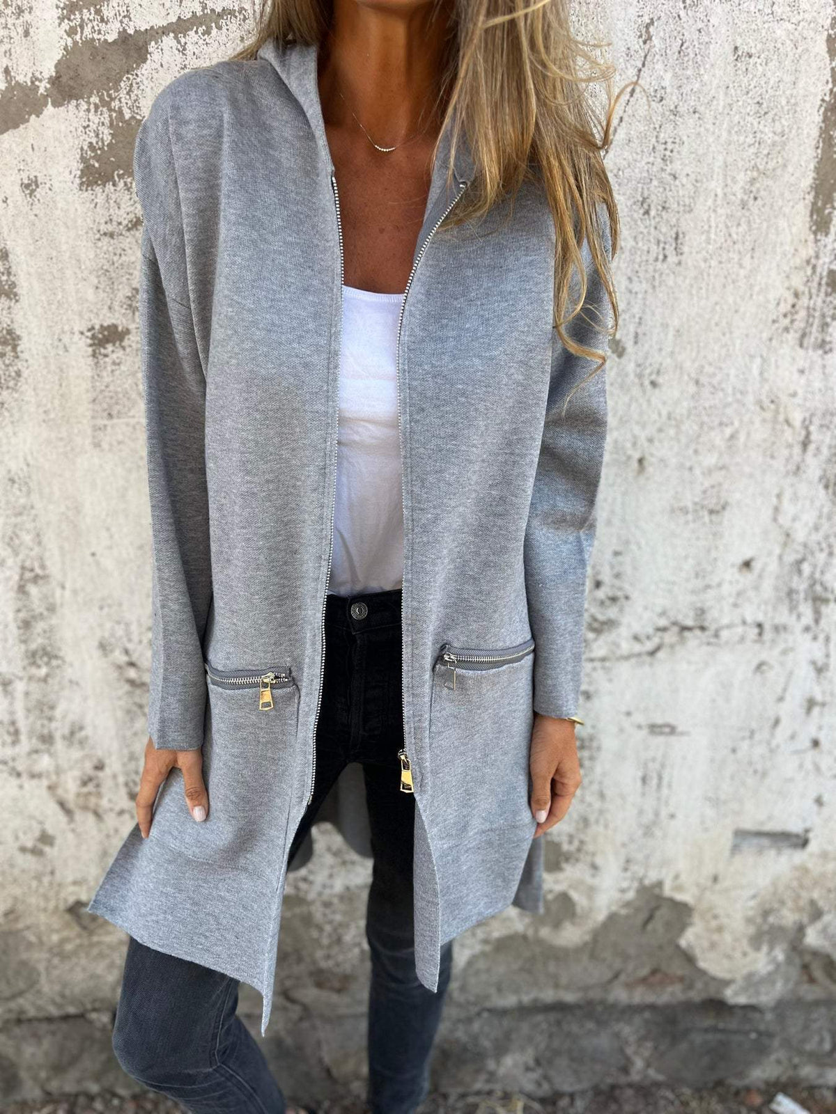 Flowknit - Long Hooded Cardigan with Full Zipper