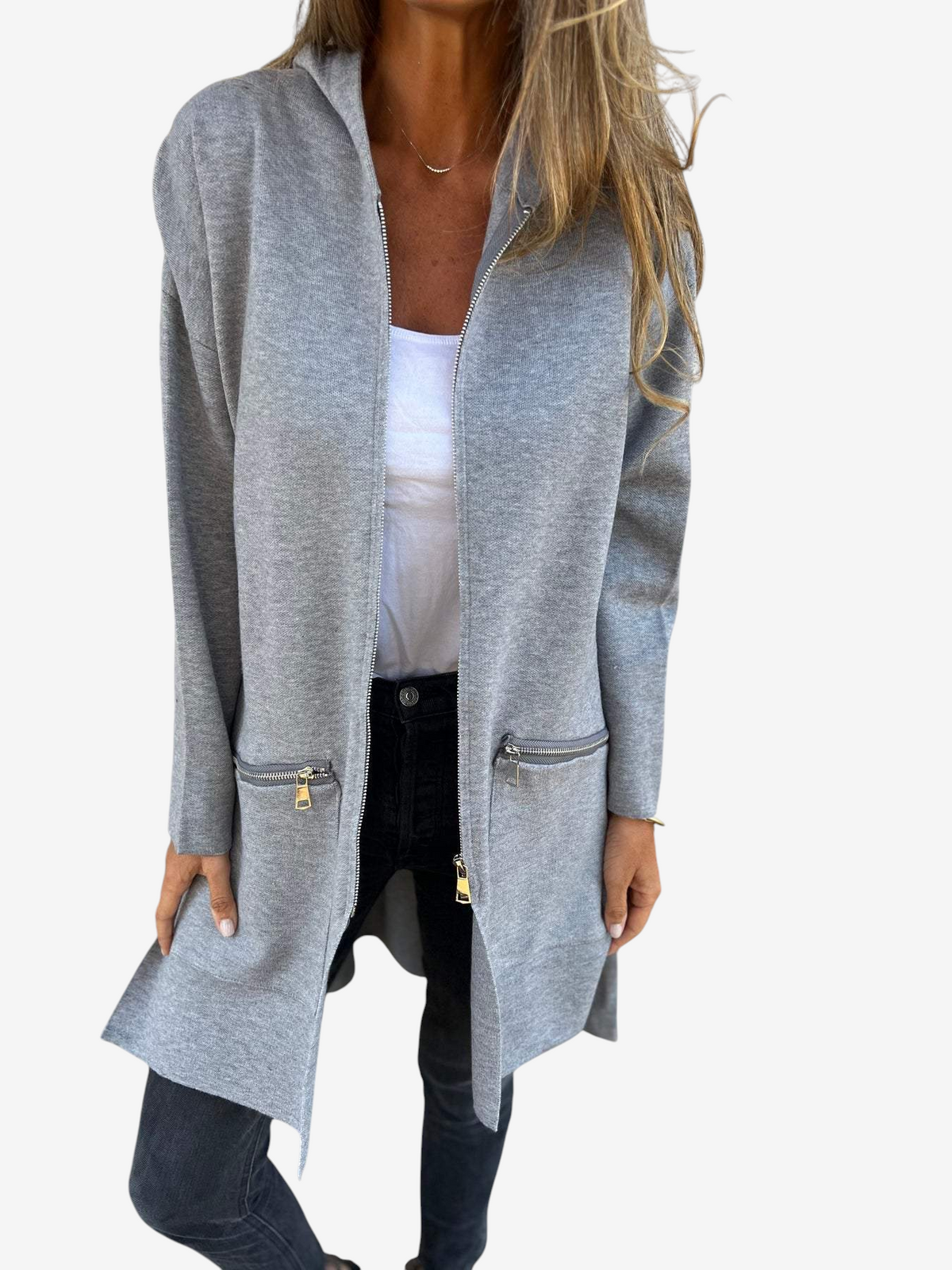 Flowknit - Long Hooded Cardigan with Full Zipper