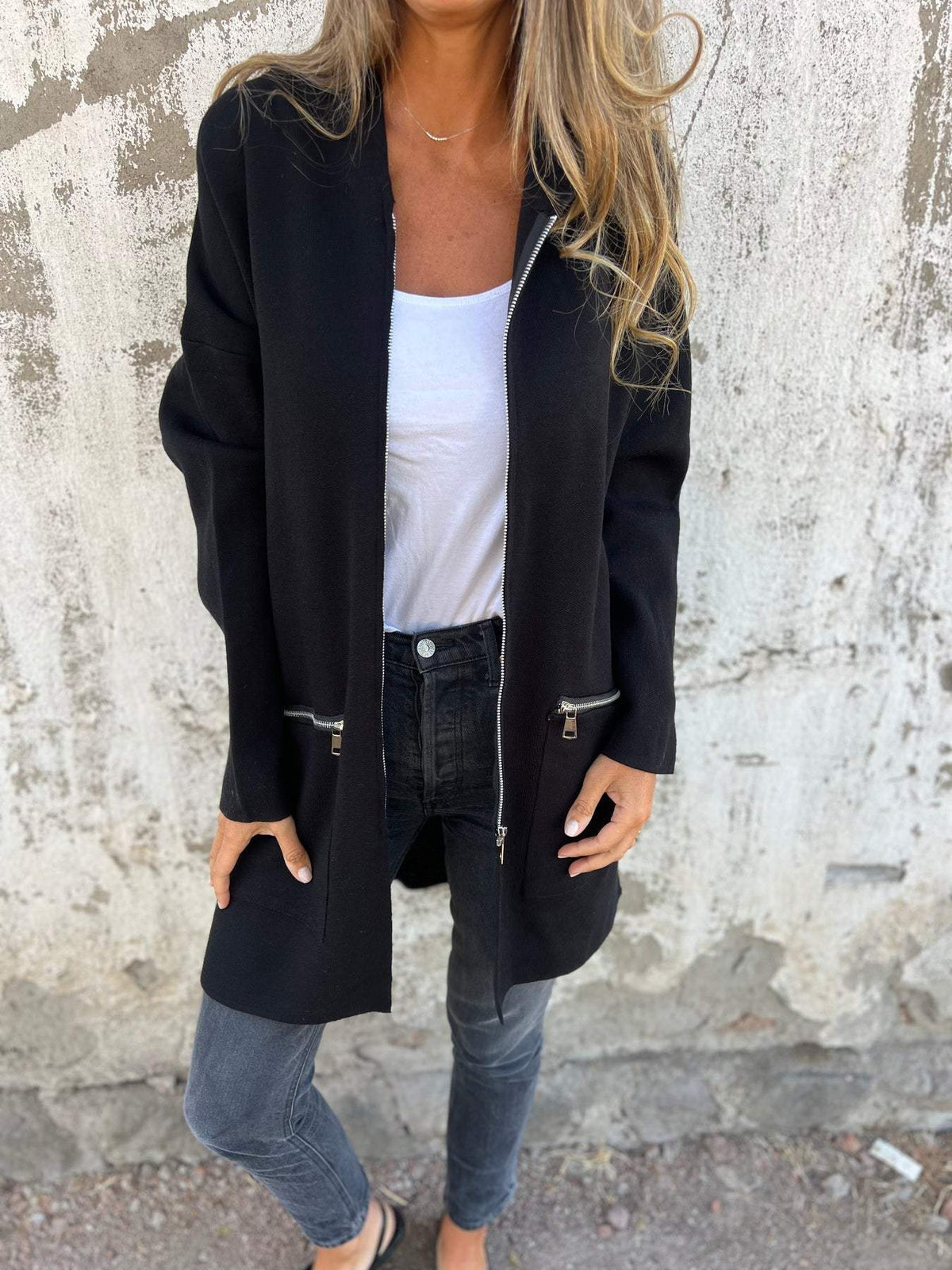 Flowknit - Long Hooded Cardigan with Full Zipper