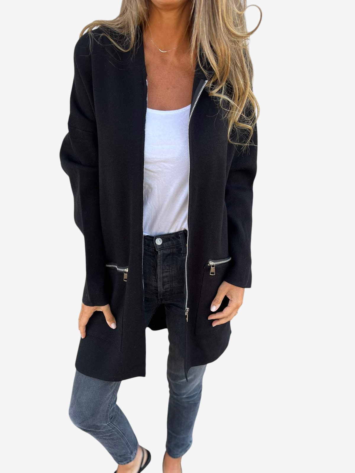 Flowknit - Long Hooded Cardigan with Full Zipper