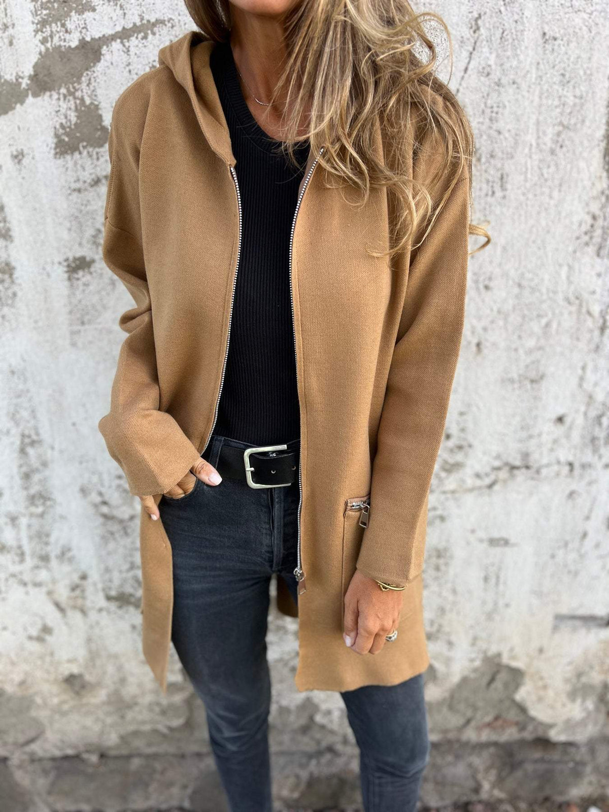 Flowknit - Long Hooded Cardigan with Full Zipper
