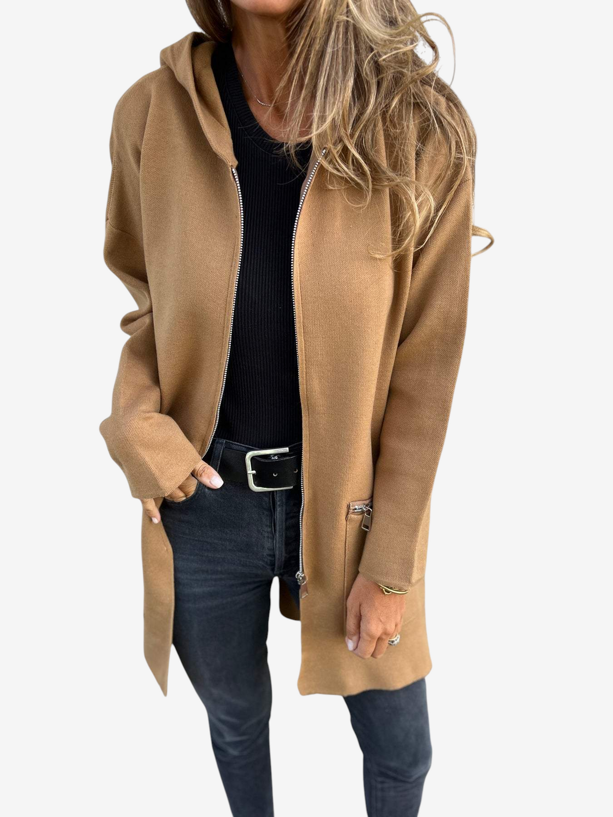 Flowknit - Long Hooded Cardigan with Full Zipper