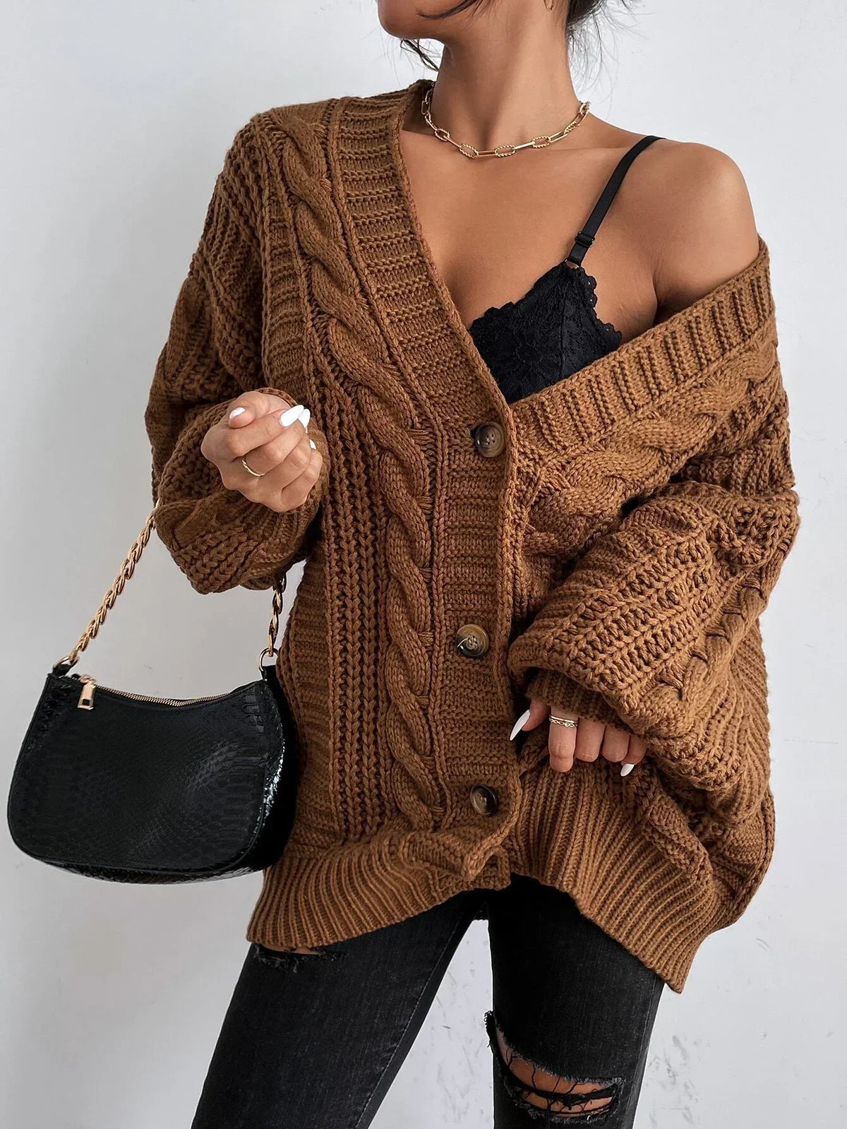 Braidley - V-Neck Cardigan with Braided Pattern