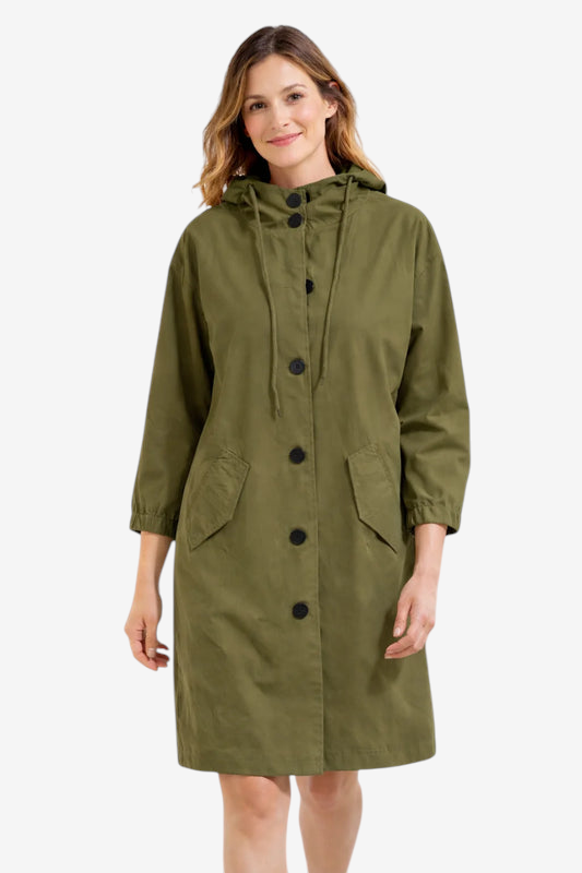 Qelviora – Mid-Length Hooded Jacket with Button Placket