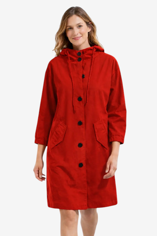Qelviora – Mid-Length Hooded Jacket with Button Placket