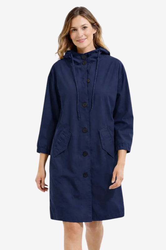 Qelviora – Mid-Length Hooded Jacket with Button Placket