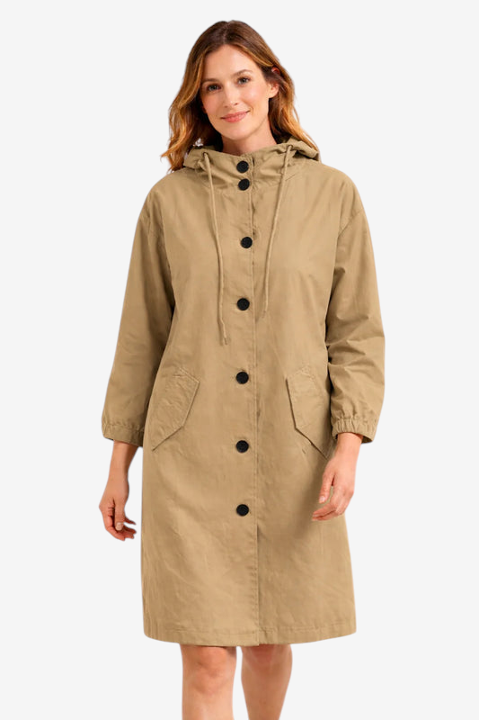Qelviora – Mid-Length Hooded Jacket with Button Placket