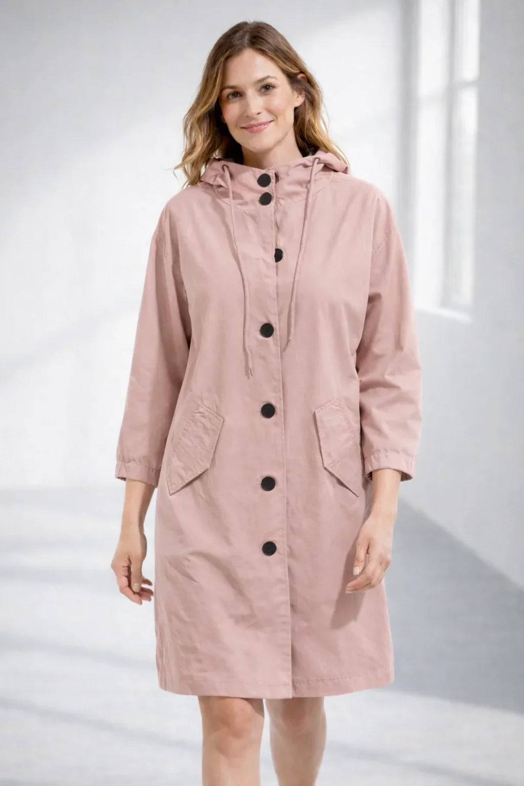 Qelviora – Mid-Length Hooded Jacket with Button Placket