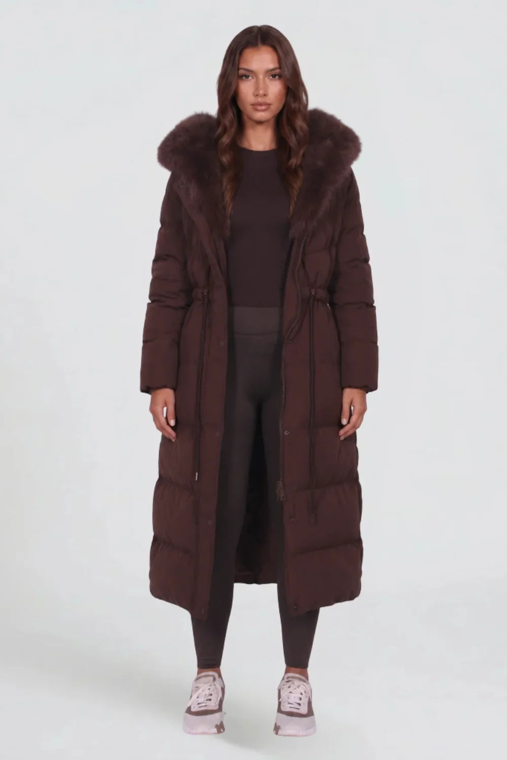 Qelvarine – Long Quilted Hooded Coat with Waist Cord
