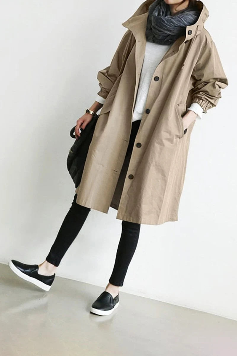 Norqevia – Cappotto lungo con cappuccio e chiusura con bottoni