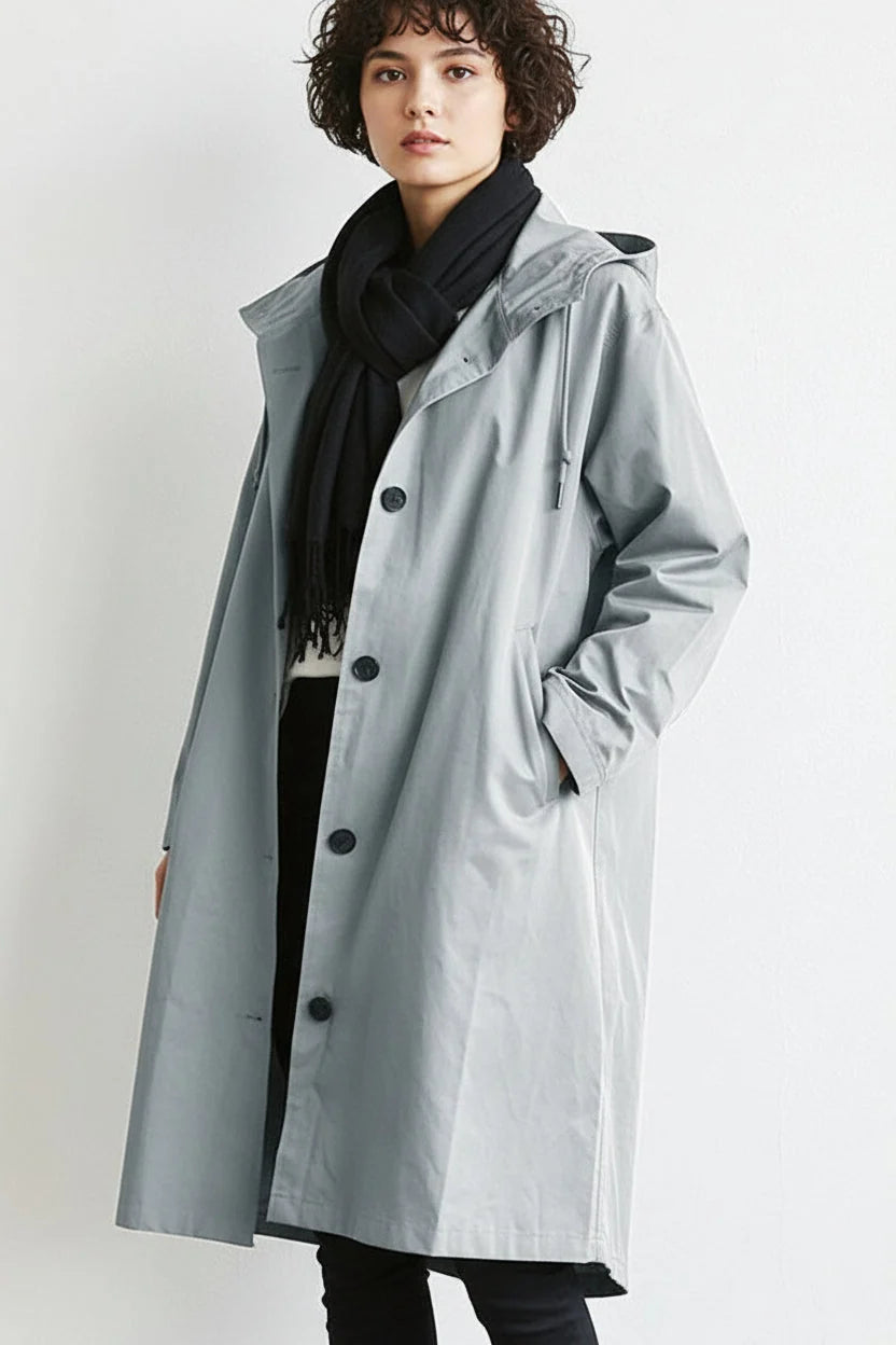 Norqevia – Cappotto lungo con cappuccio e chiusura con bottoni