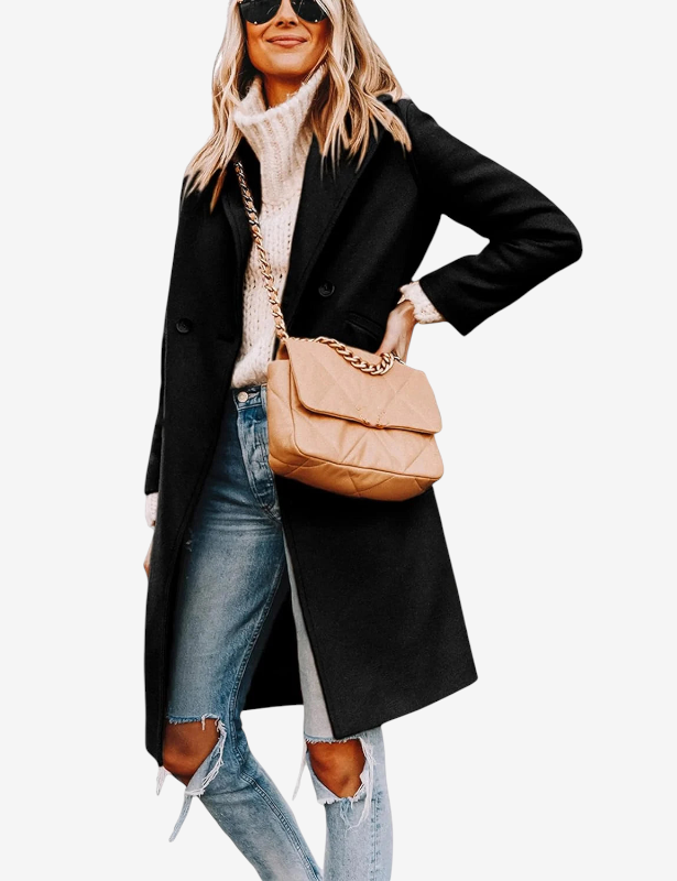 Avelqessa – Long Double-Breasted Coat with Notched Lapels