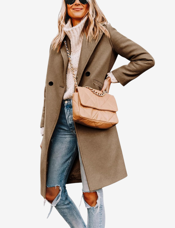 Avelqessa – Long Double-Breasted Coat with Notched Lapels