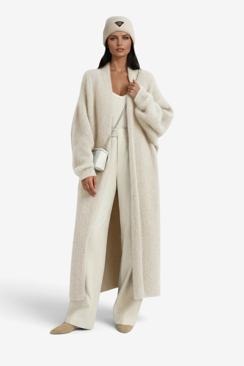 Knitley - Long Open Front Cardigan with Dropped Shoulders