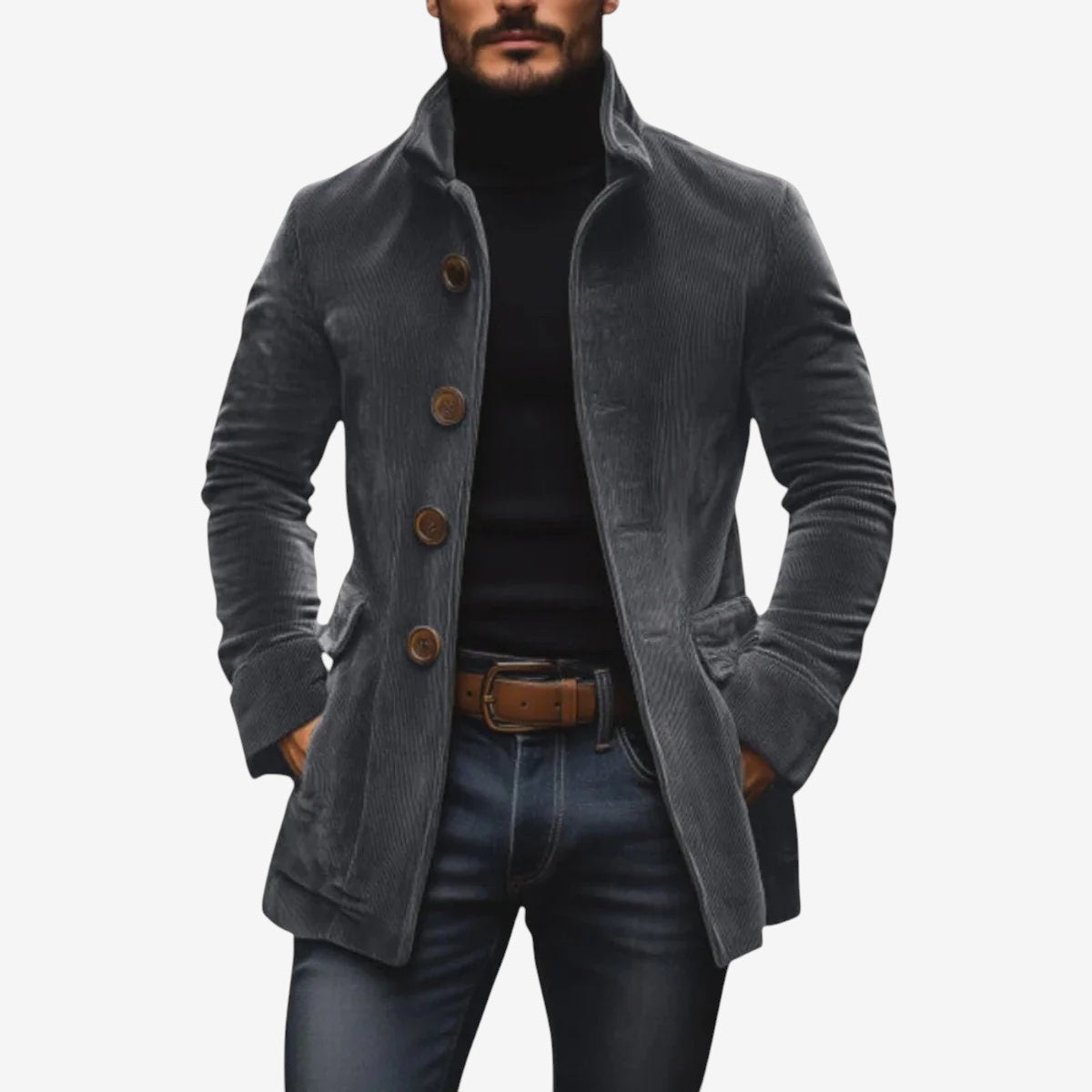 Weltley - Men's Coat with Stand Collar and Side Welt Pockets