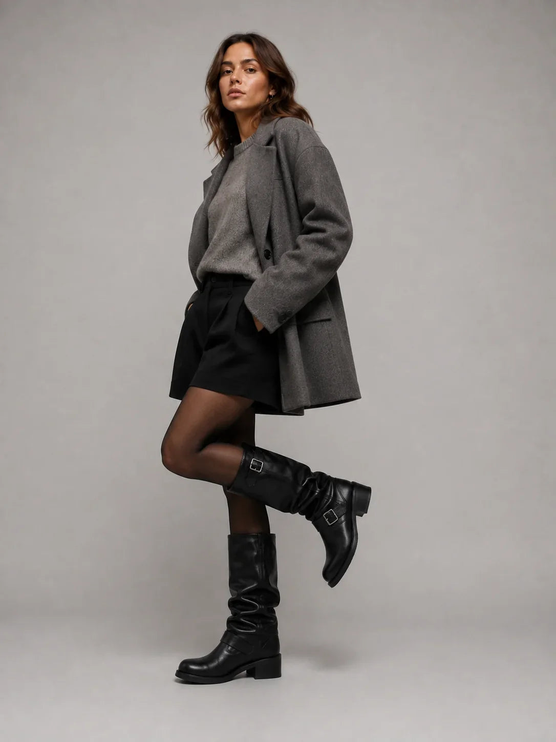 Stridefold - Botas altas con caña fruncida y dos hebillas decorativas
