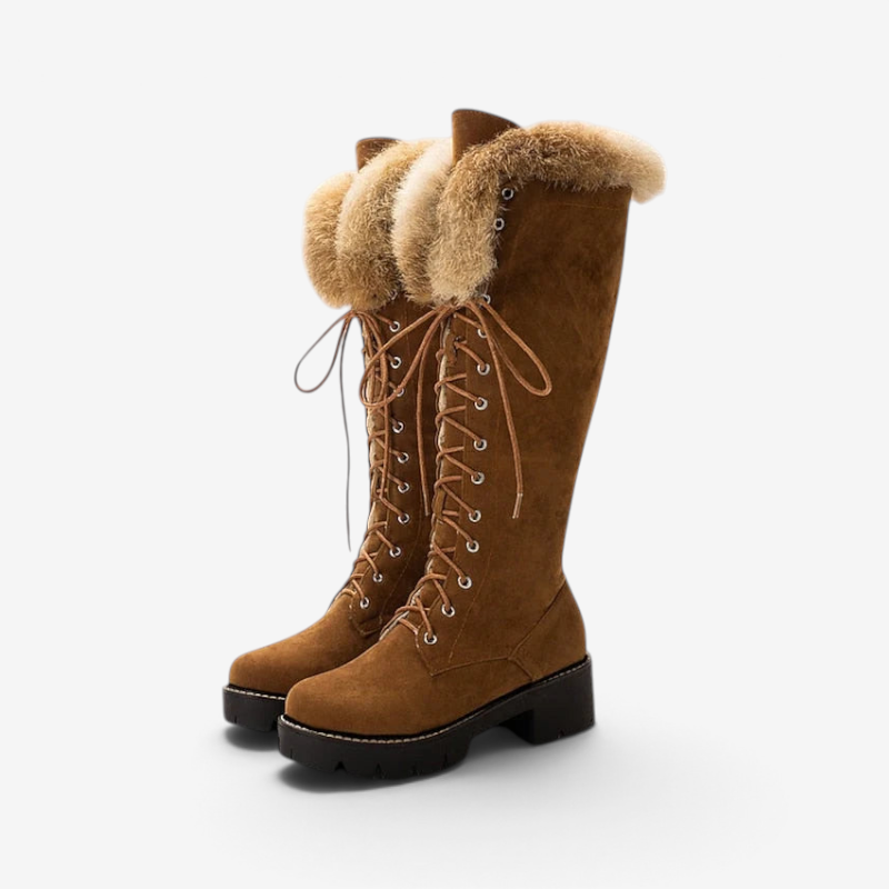 Ravqelia – Lace-Up High Boots with Foldable Fur Collar