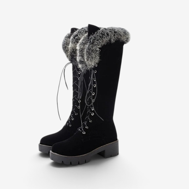 Ravqelia – Lace-Up High Boots with Foldable Fur Collar