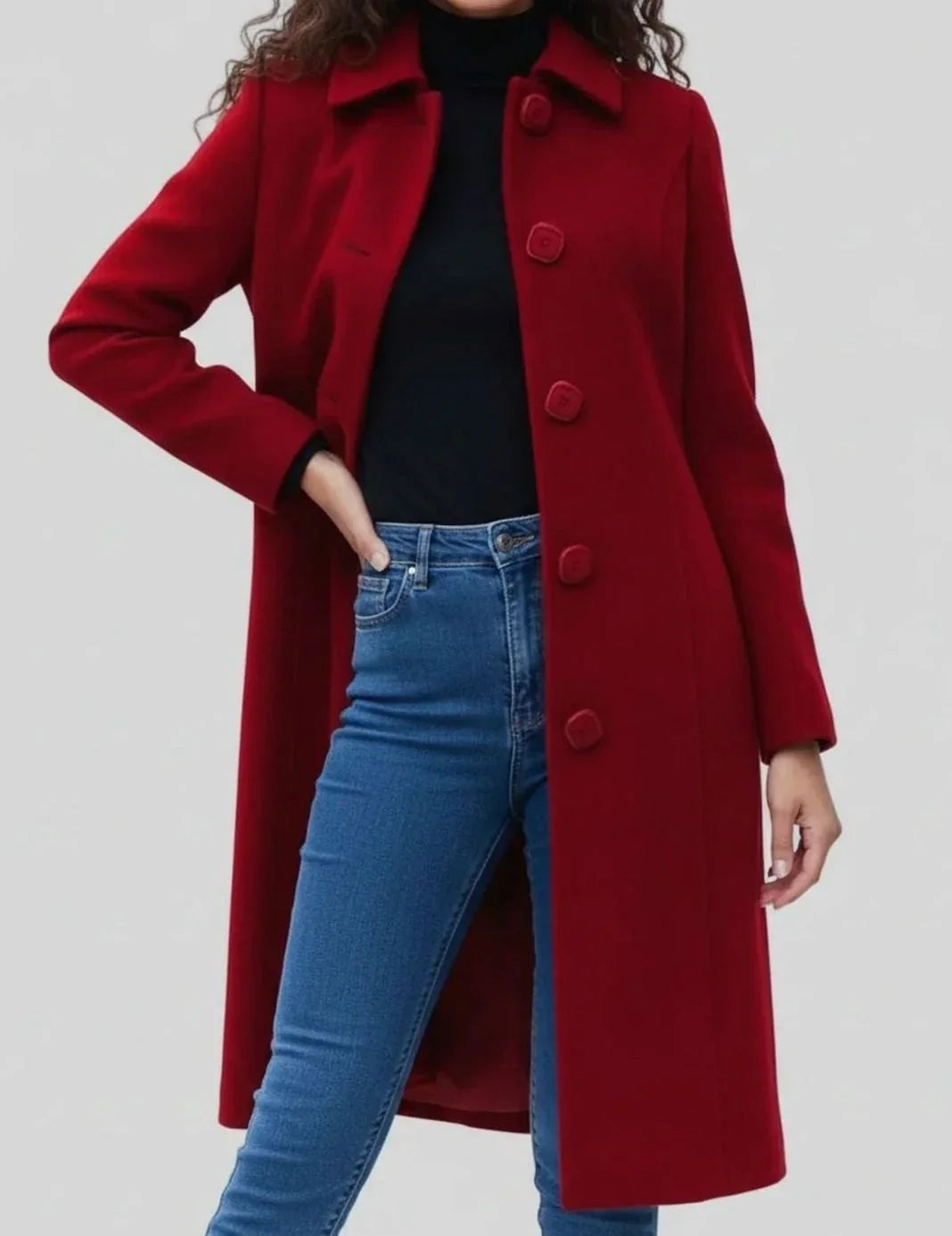 Buttonly - Mid-Calf Coat with Shirt Collar and Front Button Closure
