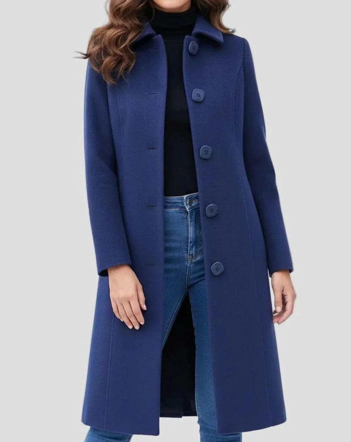 Buttonly - Mid-Calf Coat with Shirt Collar and Front Button Closure