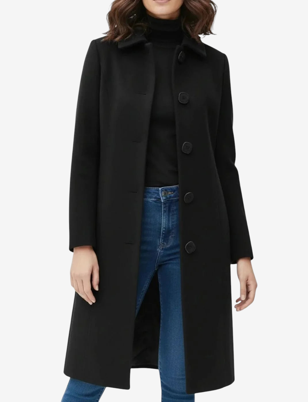 Buttonly - Mid-Calf Coat with Shirt Collar and Front Button Closure
