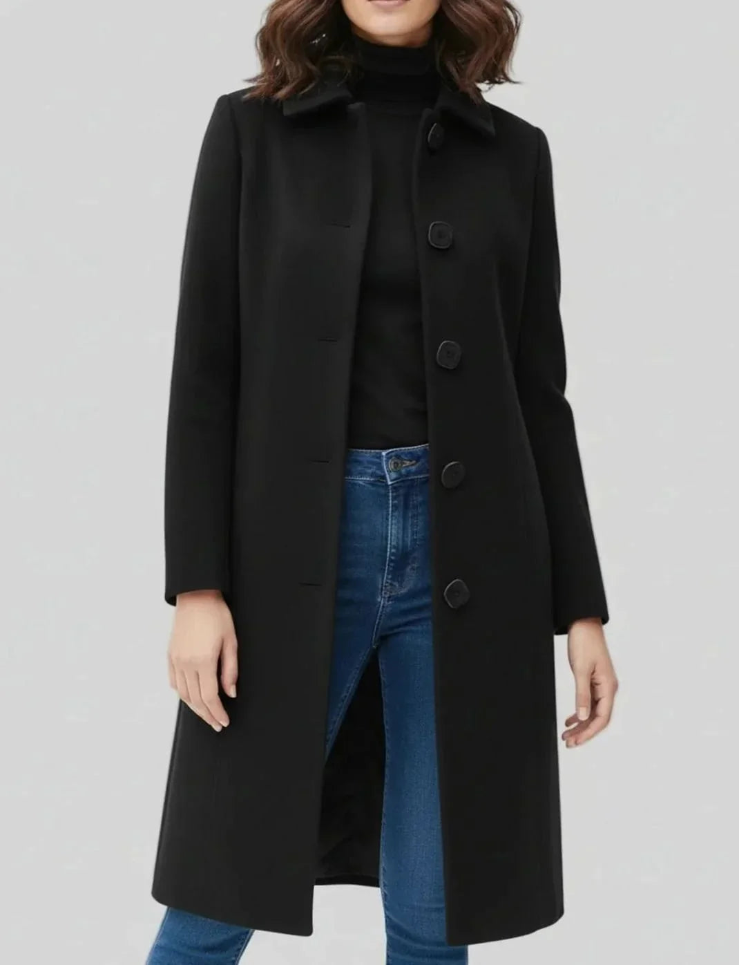Buttonly - Mid-Calf Coat with Shirt Collar and Front Button Closure