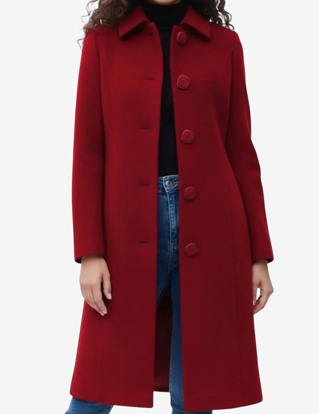 Buttonly - Mid-Calf Coat with Shirt Collar and Front Button Closure