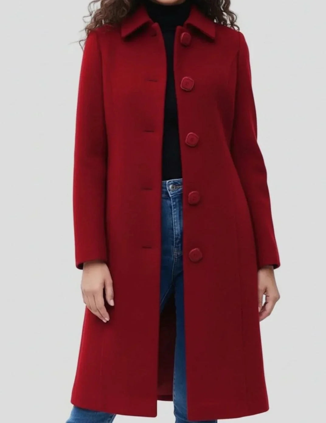 Buttonly - Mid-Calf Coat with Shirt Collar and Front Button Closure