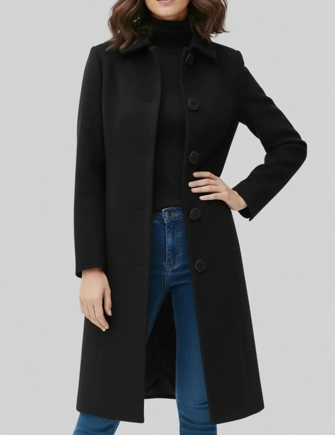 Buttonly - Mid-Calf Coat with Shirt Collar and Front Button Closure