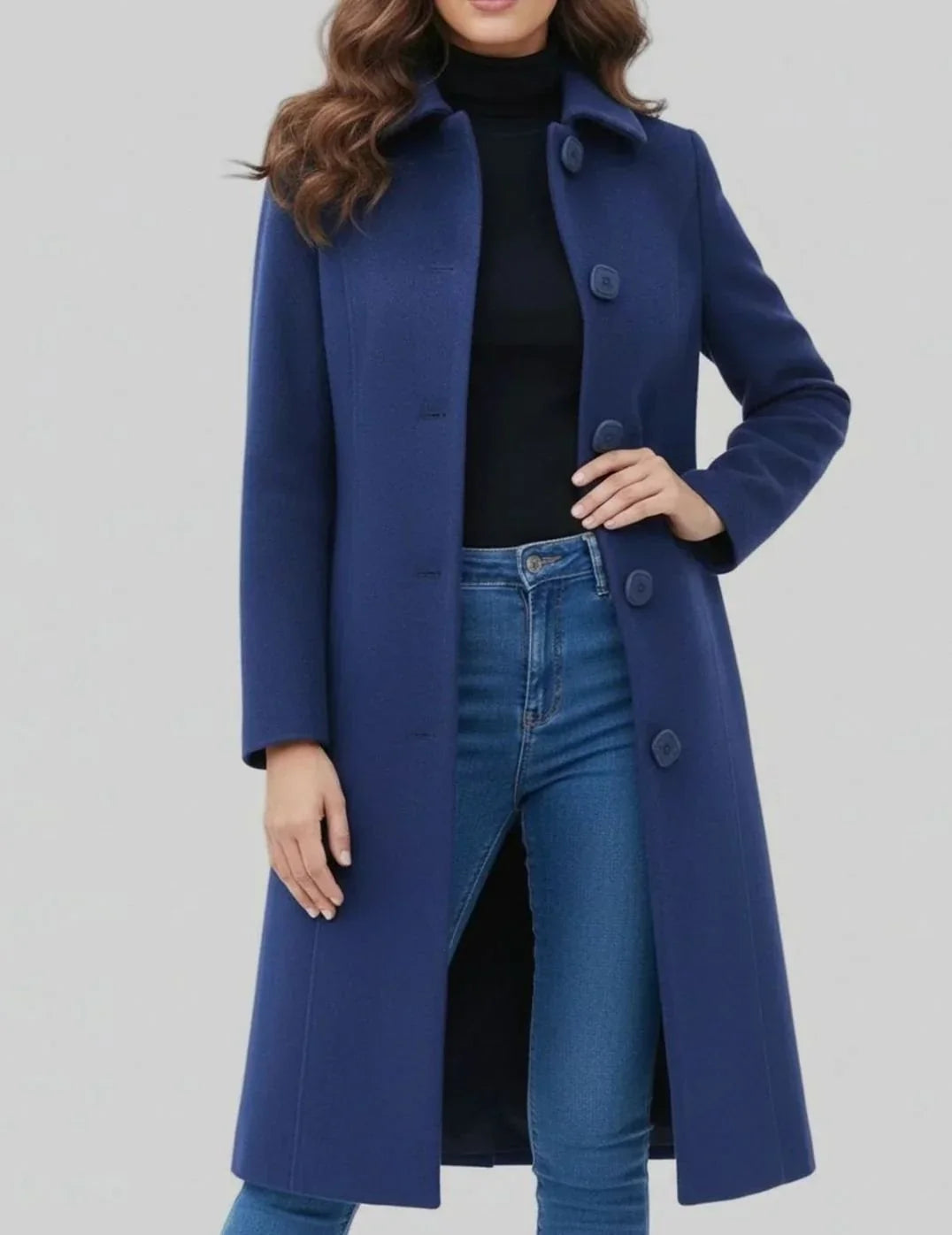 Buttonly - Mid-Calf Coat with Shirt Collar and Front Button Closure