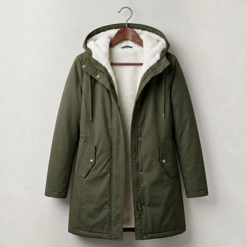 Qelvaris – Mid-Thigh Parka with Fixed Hood and Structured Waist